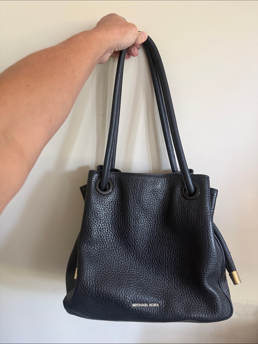 Michael Kors Black Pebbled Leather Shoulder Bag with Gold Accents